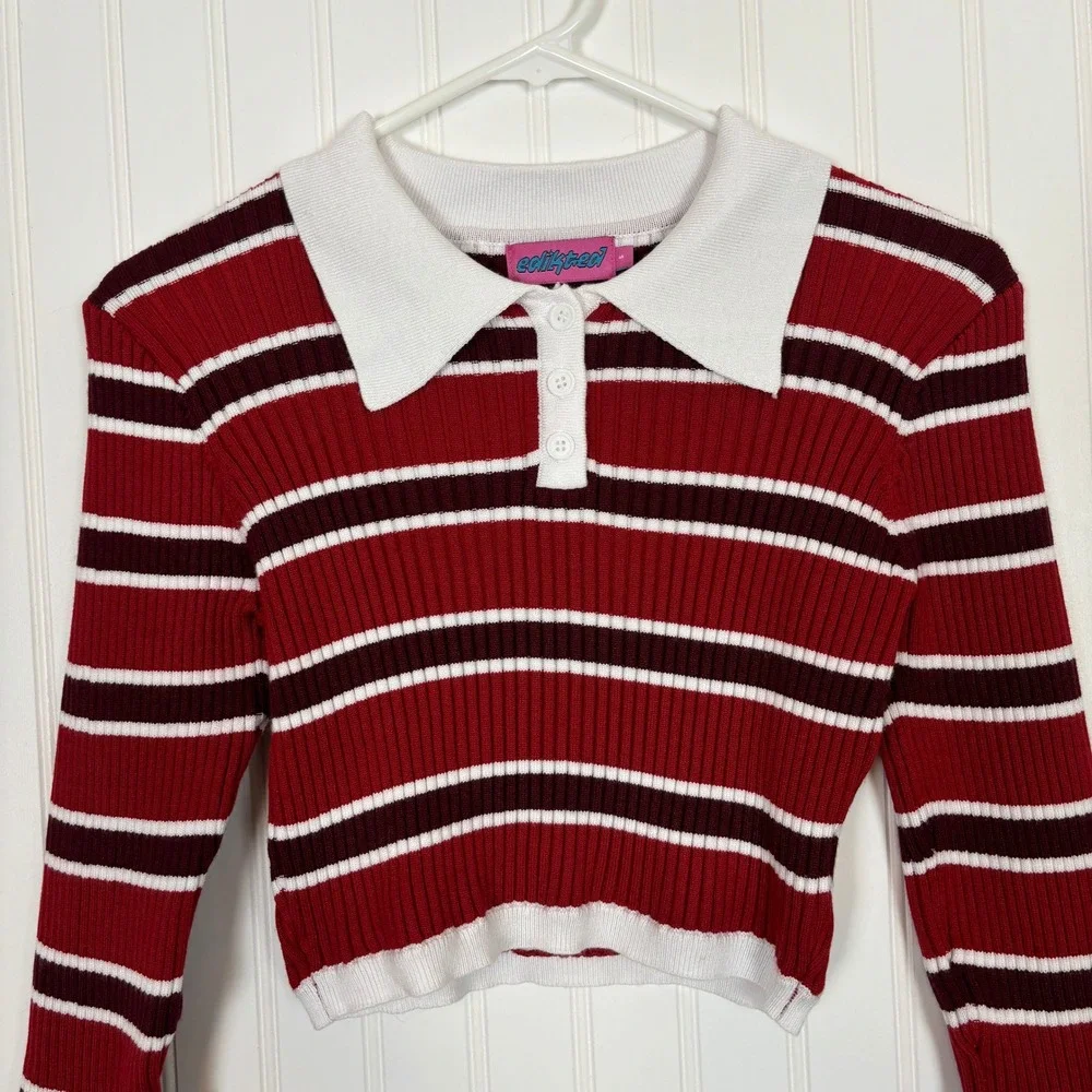 Edikted Striped Crop Top Womens S Red Ribbed Polo Y2K Retro Preppy Academia - Picture 6 of 12
